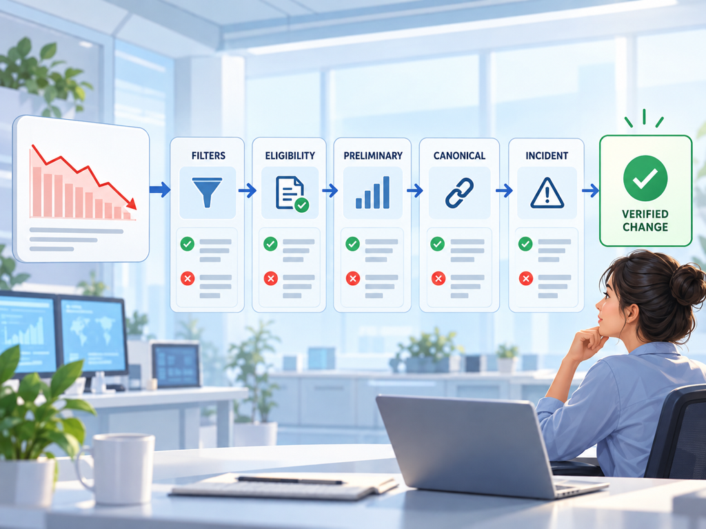 Troubleshooting flow separating real visibility changes from filters, eligibility, preliminary data, canonicalization, and documented reporting anomalies.