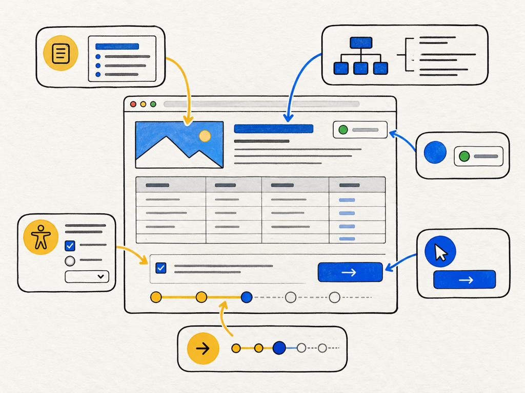 Agent-friendly webpage blueprint showing visible facts, semantic structure, accessible controls, current state, and a stable action path