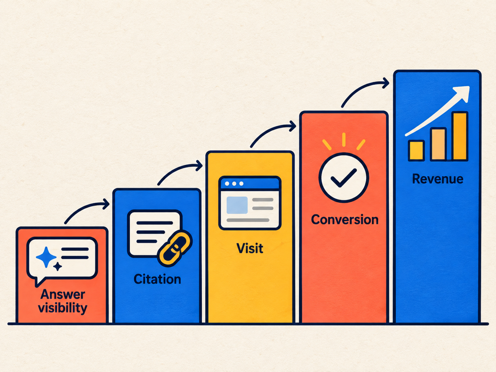 AI search attribution evidence ladder from answer visibility through citations, visits, and revenue