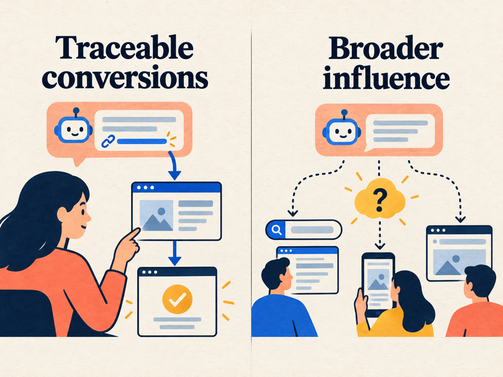 Measurement team comparing traceable conversions with broader but less certain AI influence