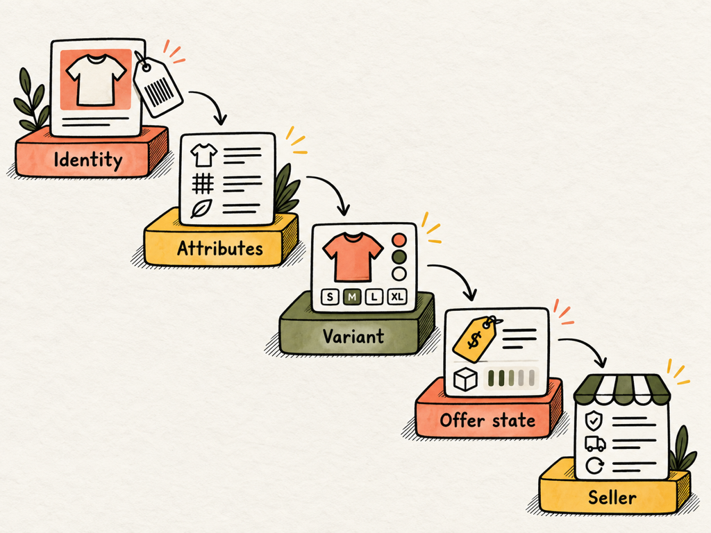 Product feed content hierarchy showing identity, factual attributes, variant details, offer state, and seller context