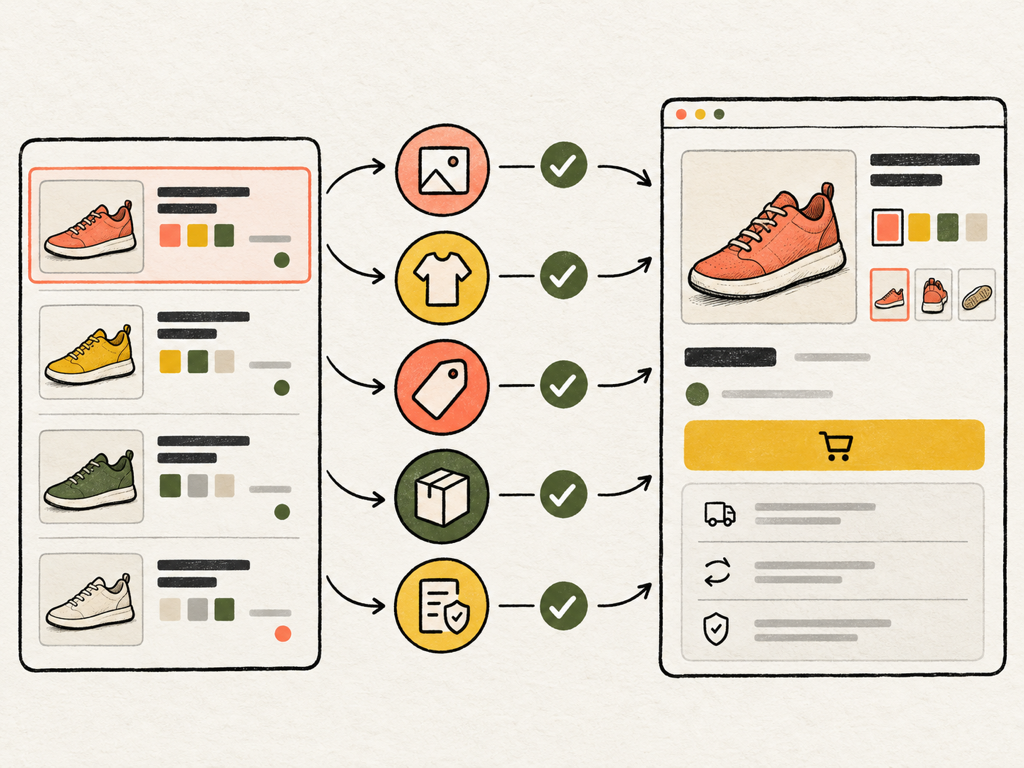 Quality assurance workflow comparing a feed row with its variant landing page, image, price, availability, and seller policies