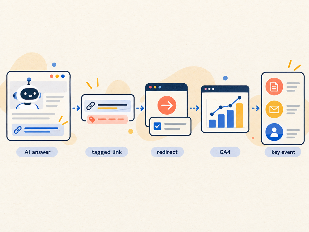 Workflow from AI assistant link through UTM and referrer capture into GA4 session reporting