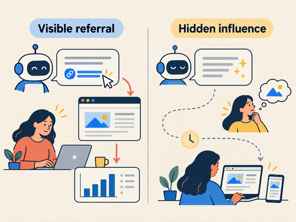Analyst separating visible LLM referrals from invisible zero-click and cross-device influence
